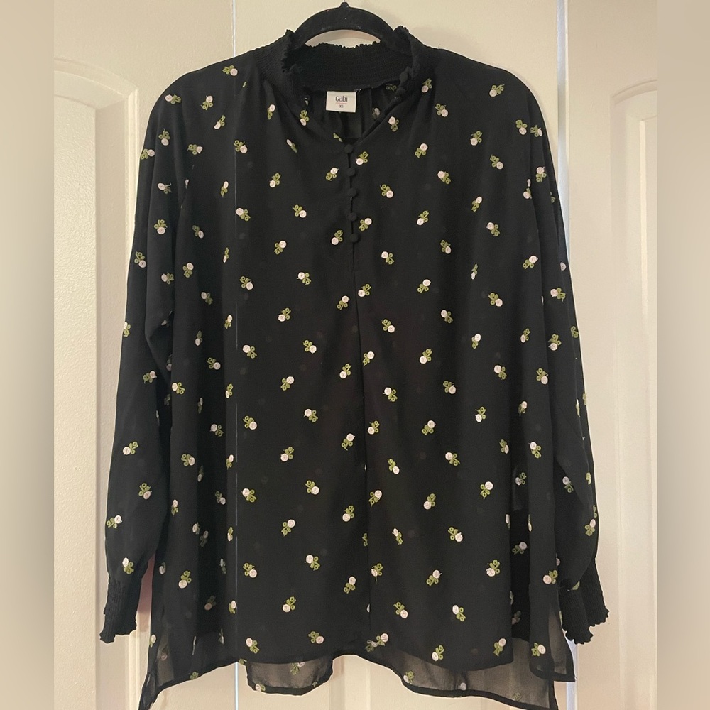 CAbi Black Blouse with Green Floral Pattern